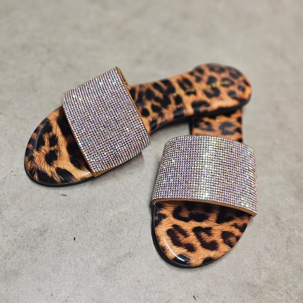 Leopard Print Slides With Rhinestone Straps Stylish Womens Sandals - Picture 2 of 7